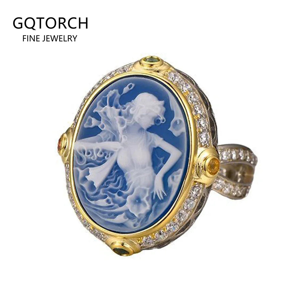 925 Sterling Silver Blue Agate Goddess Cameo Ring for Women Statement Rings White Shell Two Tone Trending Jewelry Accessories
