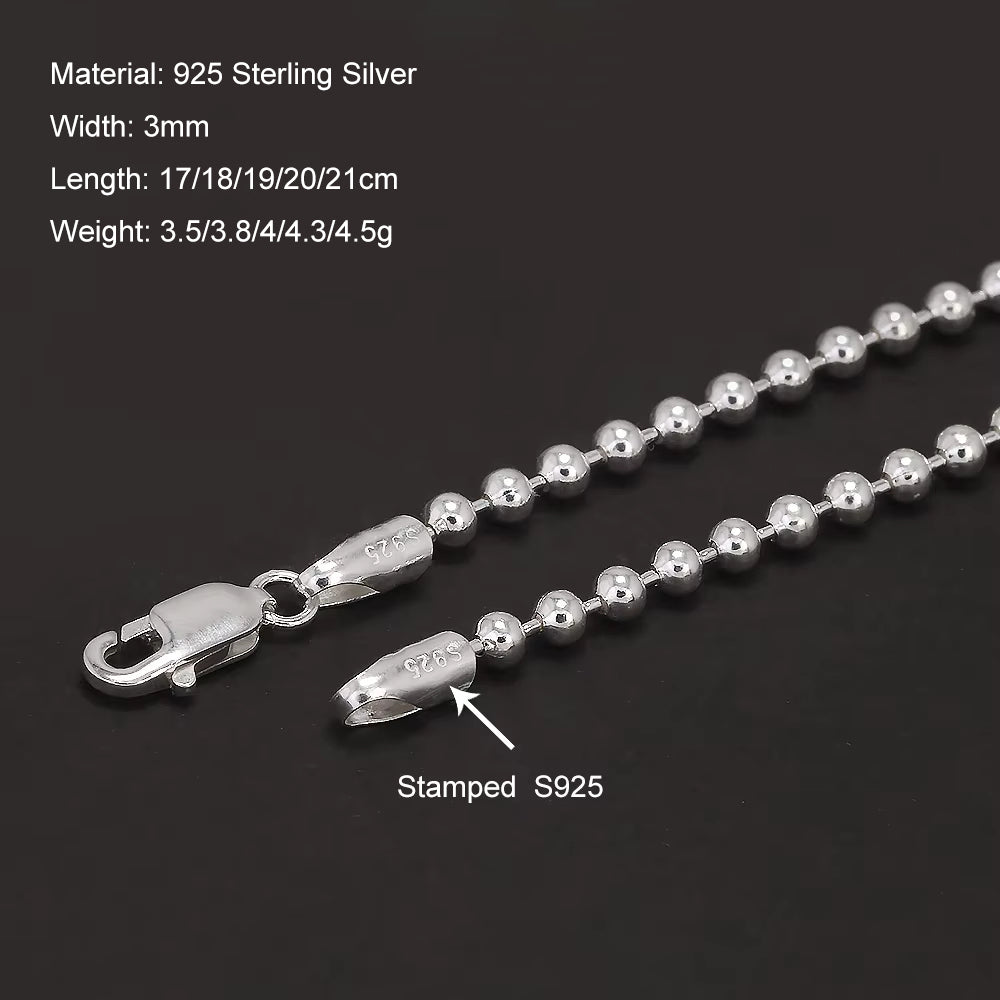 Real 925 Sterling Silver Handmade 3mm Bead Ball Strand Chain Bracelet Unisex Simple Classic Fashion Charm Hand Jewelry