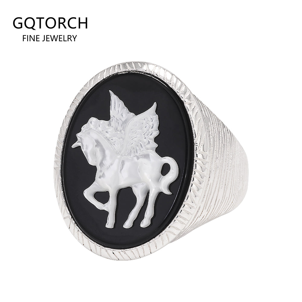 925 Sterling Silver Unicorn Cameo Onyx Ring Woman Black Onyx Earrings Pendant Round Shaped Fashion Vintage Jewelry Set