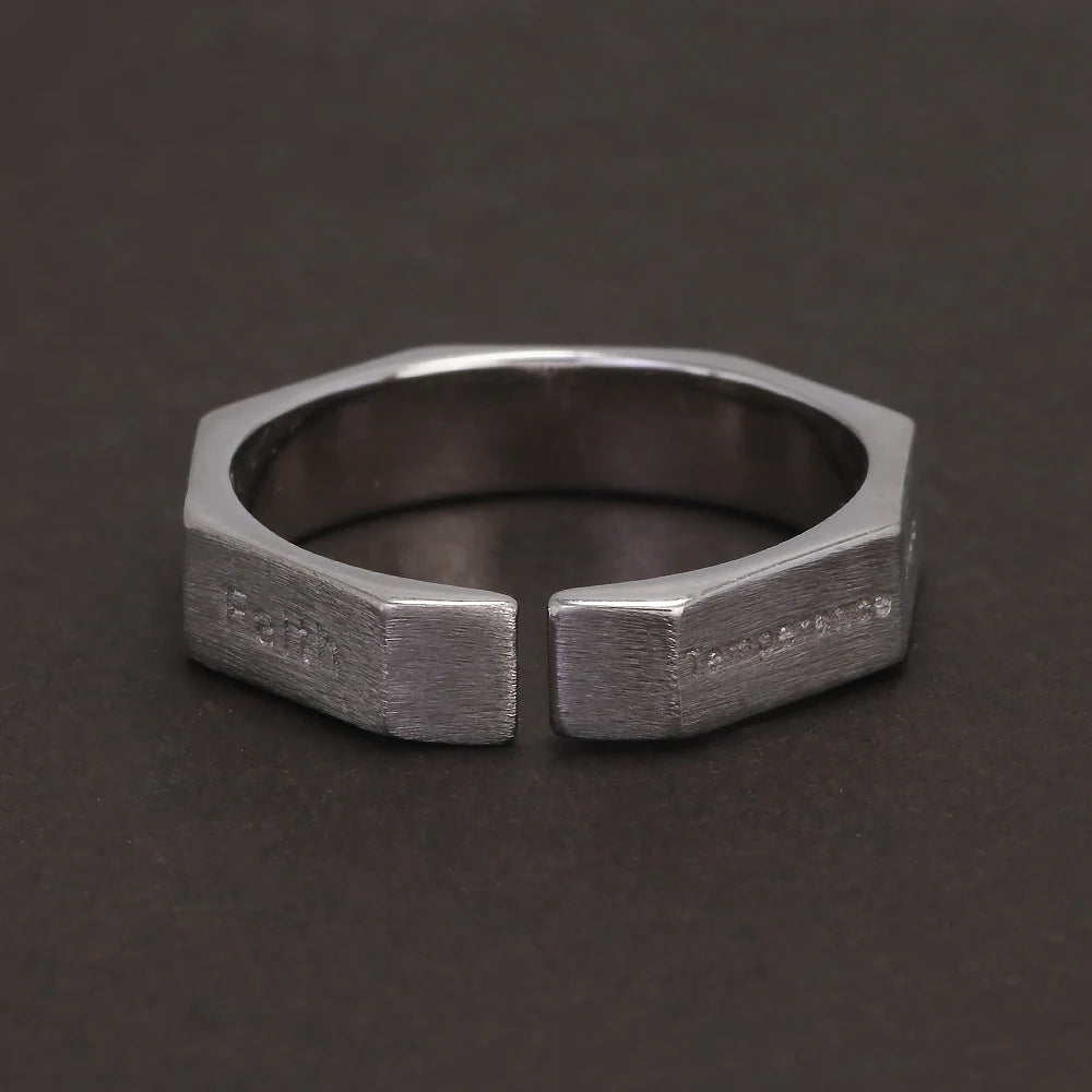 S925 Sterling Silver Faith Virtue Christian Ring for Women Men Seven Virtues Engraved Band Adjustable Geometric Antiqued Jewelry