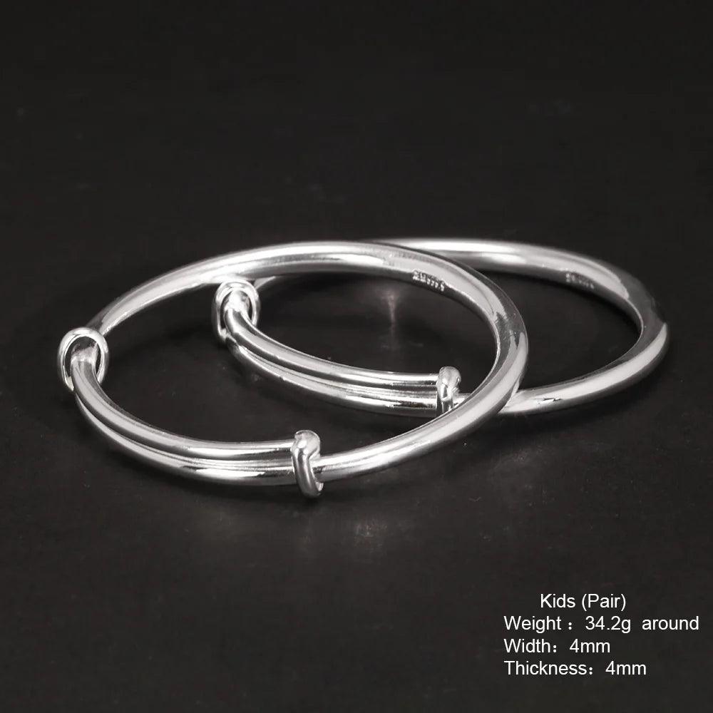 Solid 999 Sterling Silver Simple Push-pull Bracelet Women and Kids Smooth Minimalist Jewelry First Birthday Gift - GQTORCH Jewelry