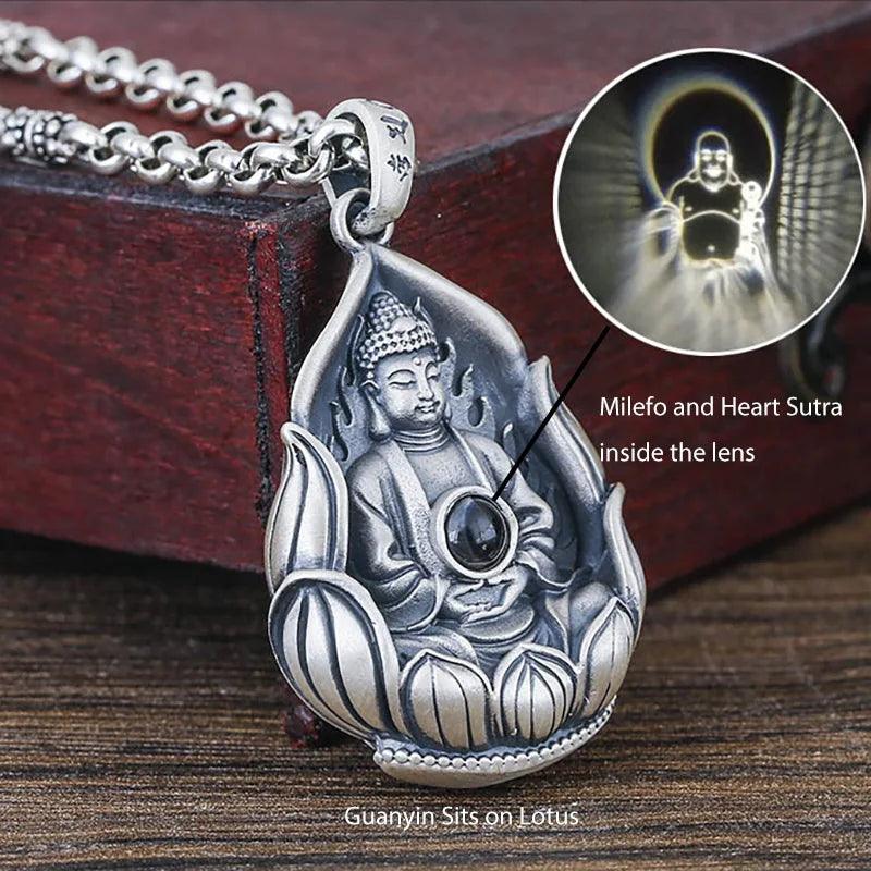 Real 999 Sterling Silver Guanyin Sits on Lotus Milefo Inside The Lens Buddha Mantra Pendant Retro Amulets Six Words Engraved - GQTORCH Jewelry