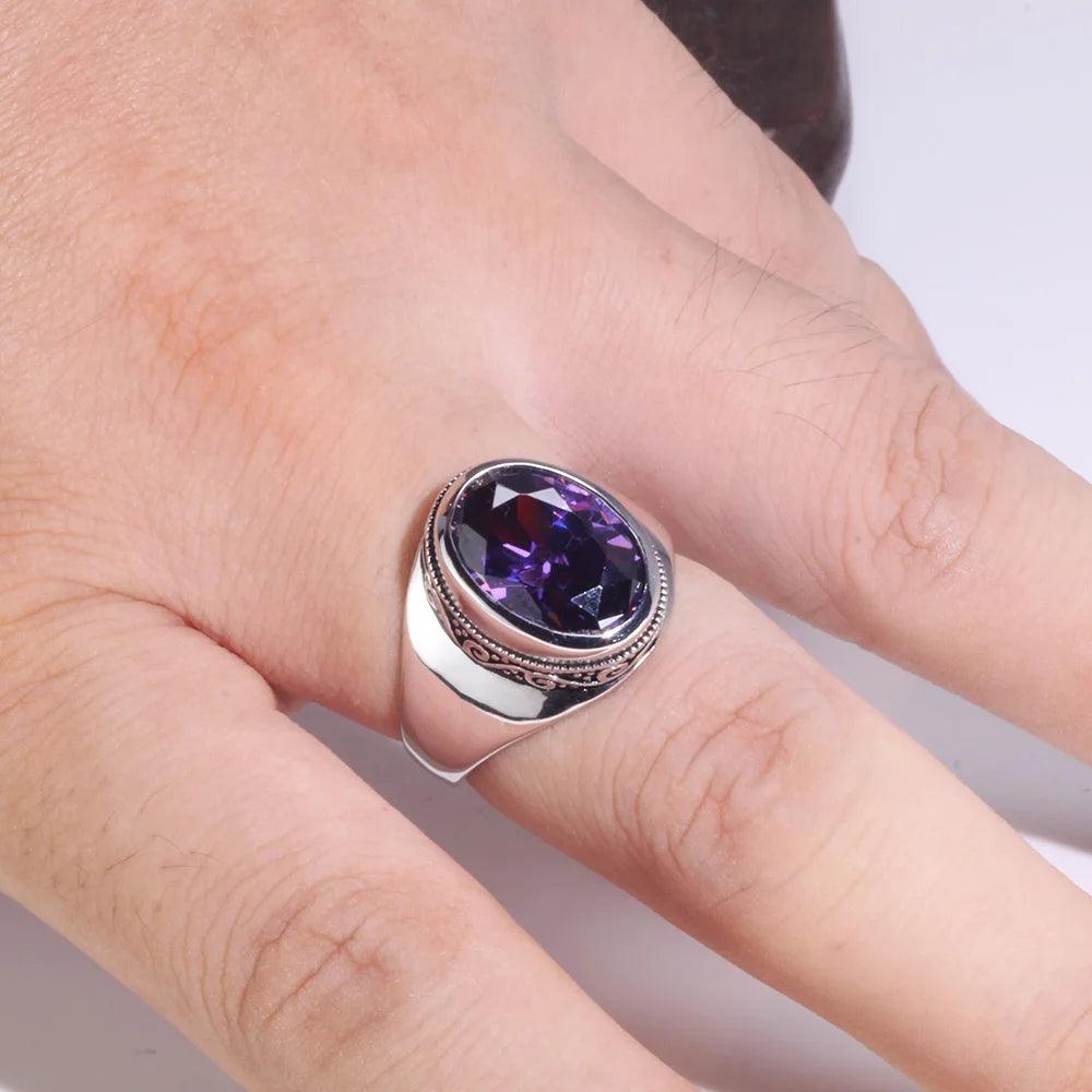 Real 925 Sterling Silver Rings For Women With Zircon Stone Amethyst Ruby Garnet Vintage Thai Silver Flower Engraved Jewelry - GQTORCH Jewelry