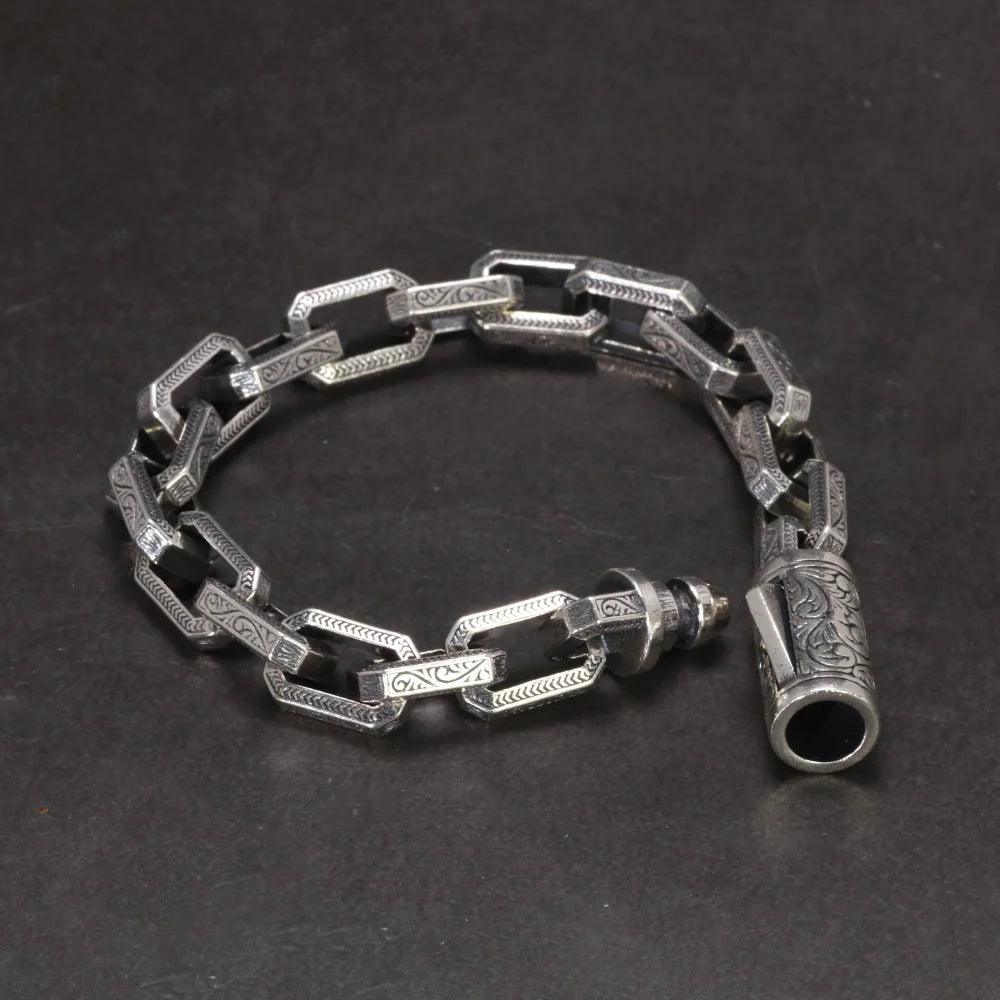 Solid 925 Sterling Silver Vintage Rattan Lace Bracelet For Men Safety Buckle Handmade Viking Mens Jewelry - GQTORCH Jewelry