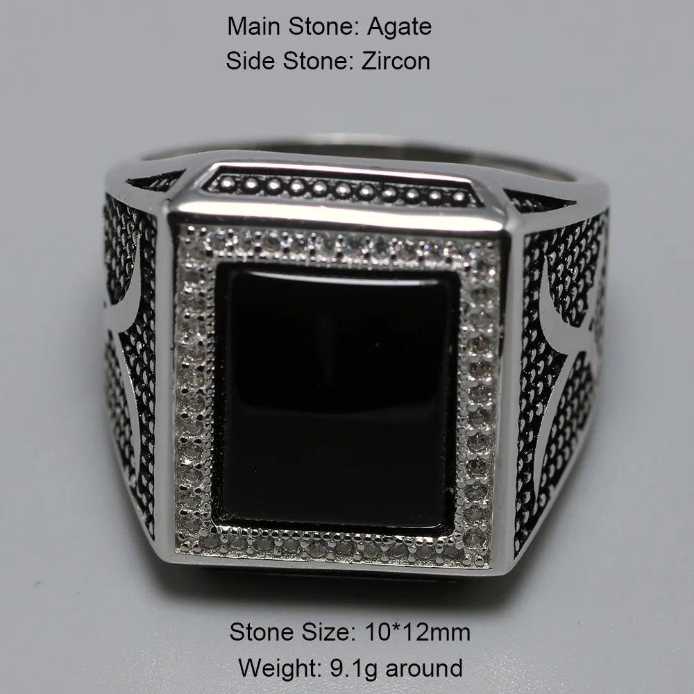 Real Solid 925 Sterling Silver Rings for Man with Stones Black Natural Onyx Micro Paved Cubic Zircon Cross Broadsword Pattern - GQTORCH Jewelry