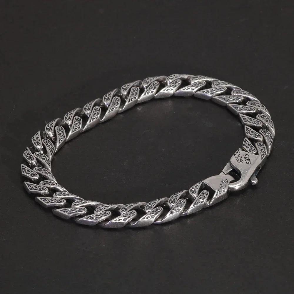 Vintage Tang Grass Pattern Necklace S925 Sterling Silver Hip Hop Punk Rock Men's Cuban Chain Necklace Bracelet Jewelry - GQTORCH Jewelry