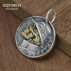 Real 925 Sterling Silver Double Sided Skull Pendant Men Women Retro Punk Style Coin Round Kitten Necklace - GQTORCH Jewelry