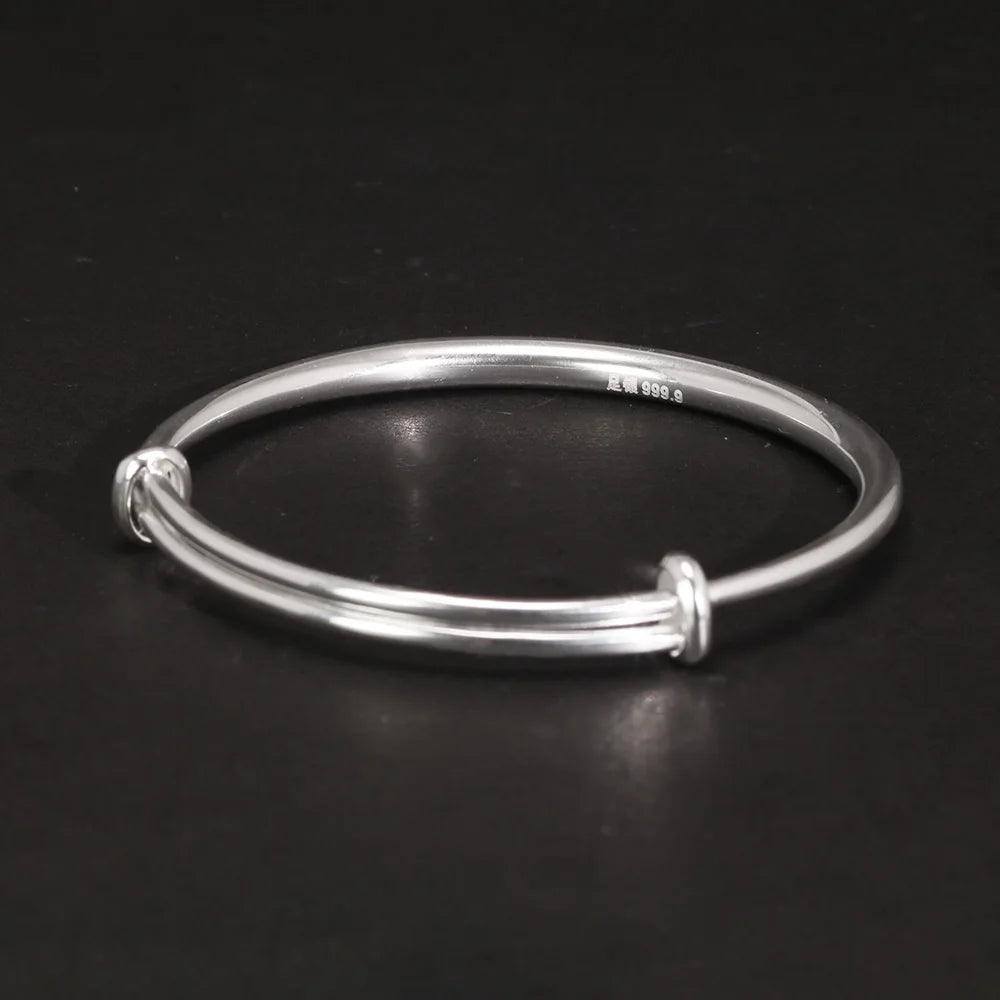 Solid 999 Sterling Silver Simple Push-pull Bracelet Women and Kids Smooth Minimalist Jewelry First Birthday Gift - GQTORCH Jewelry