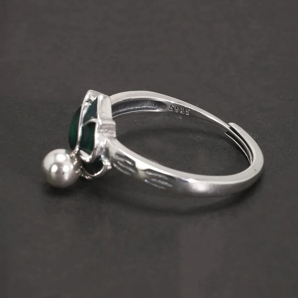 925 Sterling Silver Green Lotus Ring Earrings with Dangle Bead Enameled Women's Vintage Fashion Elegant Jewelry Set