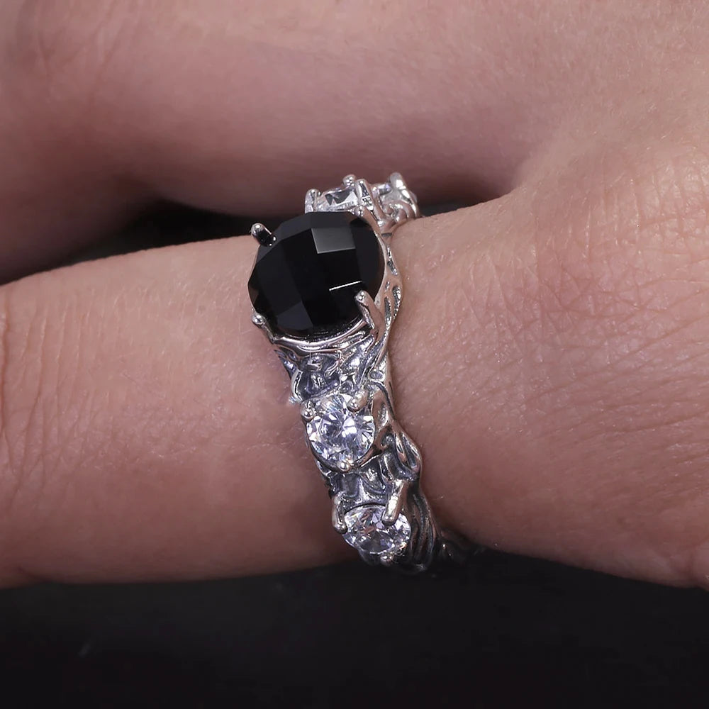 Vintage Round Black Onyx Engagement Ring for Women 925 Sterling Silver Natural Onyx Stone Zircon Adjustable High Quality Jewelry