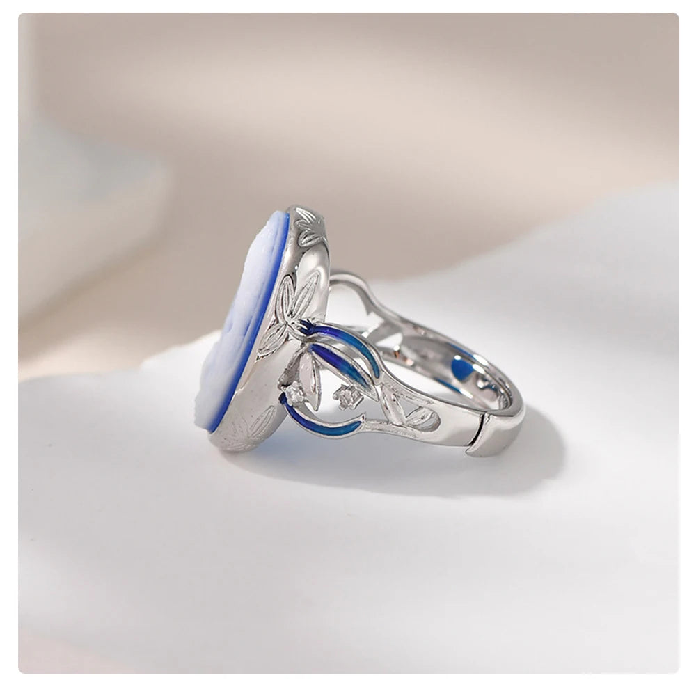 925 Sterling Silver Blue Agate Goddess Cameo Ring for Women White Shell Oval Shaped Fashion Statement Ring Vintage Jewelry