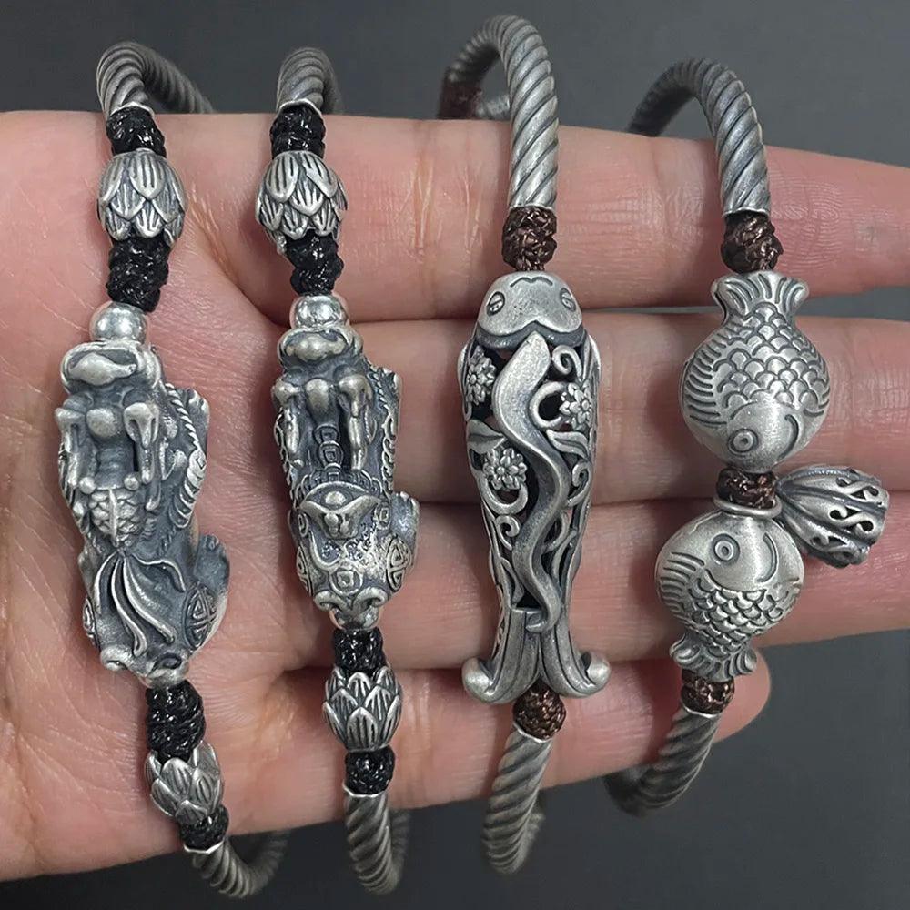 999 Silver Men and Women Pixiu Lucky Handmade Bracelet Leather Rope Adjustable Bracelet Lotus Leaf Fashion Animal Fish Jewelry - GQTORCH Jewelry