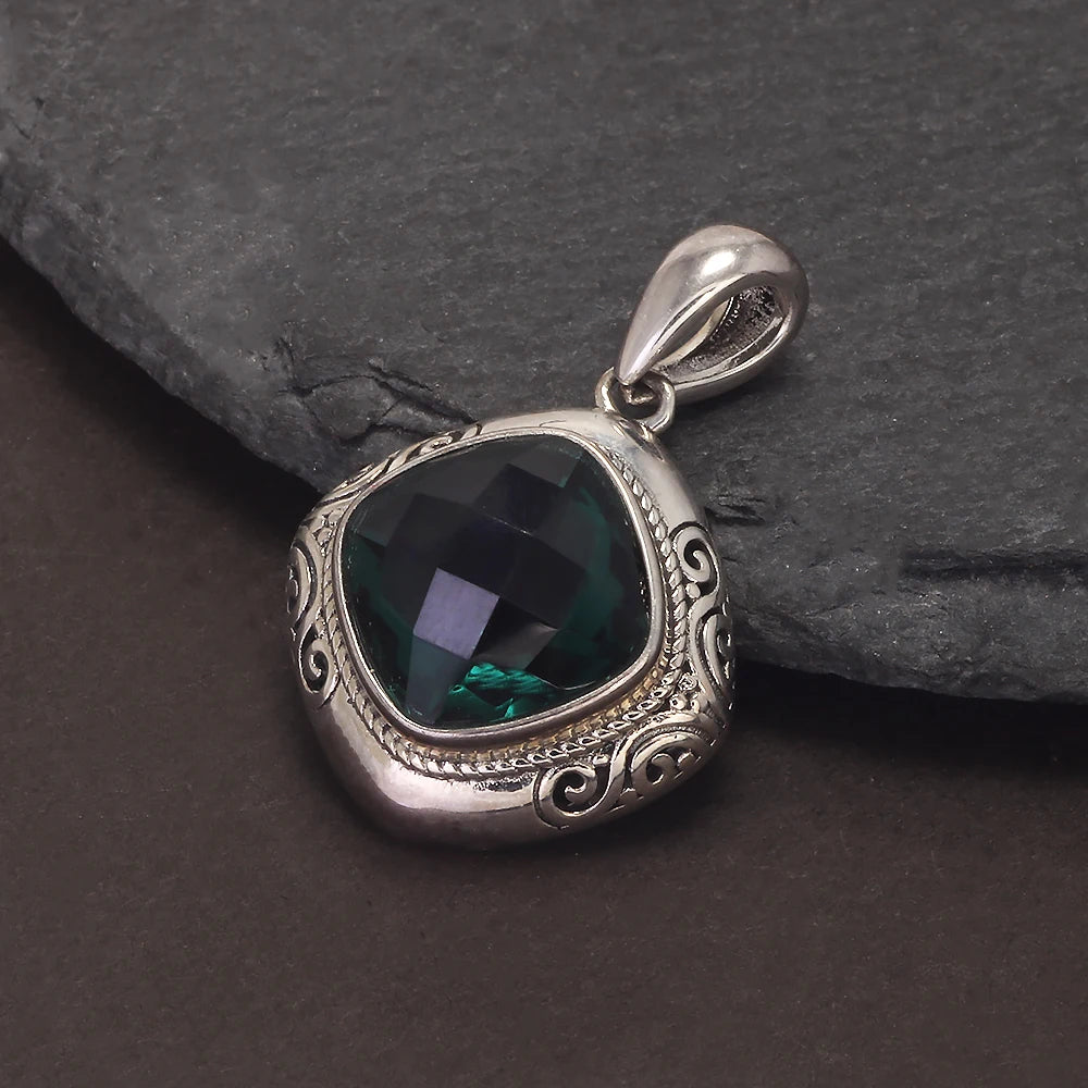 Handmade 925 Sterling Silver Women's Ethnic Jewelry Set Man-made Emerald Ring Earrings Pendant Fashion Vintage Style Jewelry