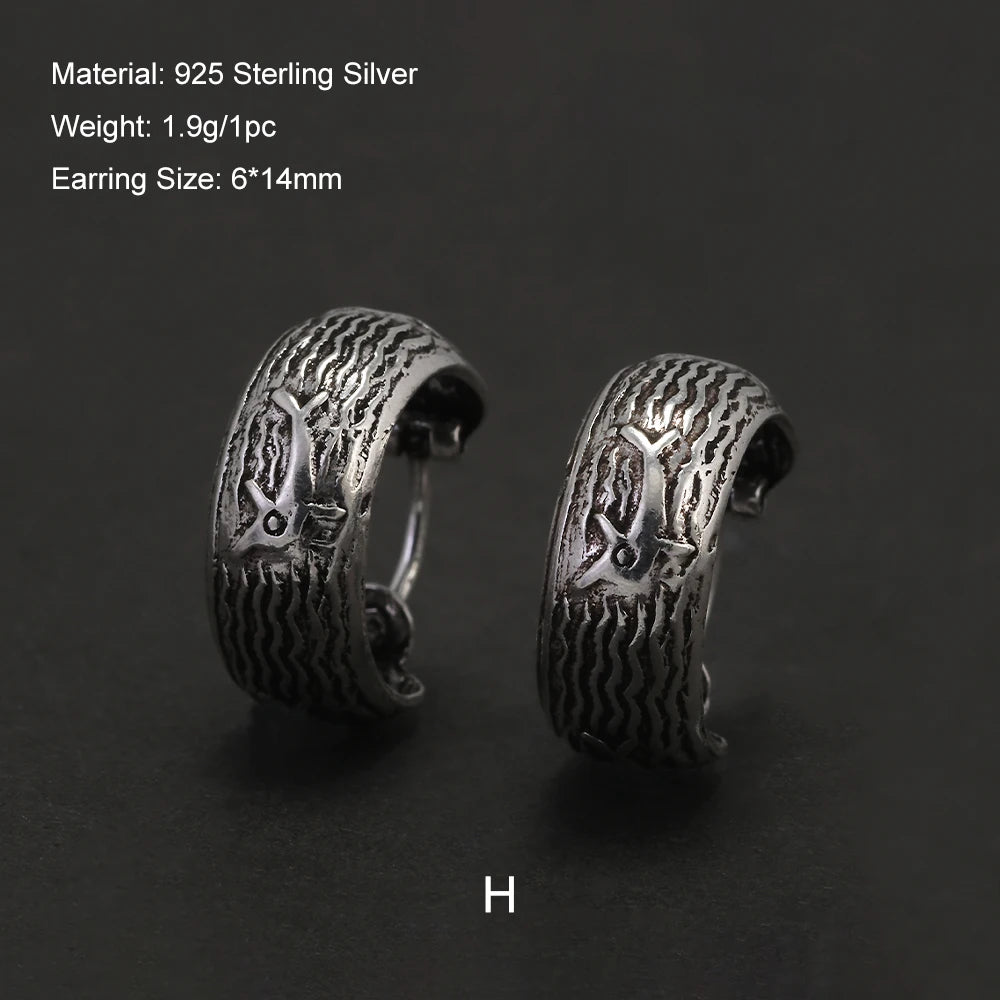 Real 925 Sterling Silver Retro Hoop Earrings for Women Men Geometric Heart Wheat Leaf Whale Vintage Punk Rock Ear Jewelry Gift