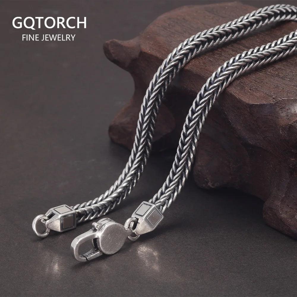 Real 925 Thai Silver Fox Tail Chain Men's and Women's Personalized Retro Punk Necklace and Bracelet Pure Silver Simple Jewelry - GQTORCH Jewelry
