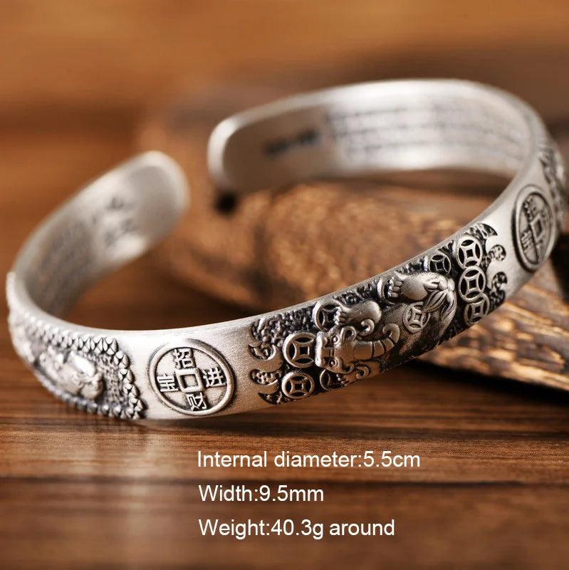 Solid S999 Sterling Silver Brave Troops Bangle for Women and Men Bring In Wealth and Treasure Bracelet Buddhist Jewelry - GQTORCH Jewelry