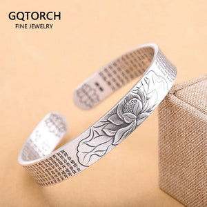 Real Sold 999 Sterling Silver Lotus Bangles For Women Great Compassion Mantra Cuff Bracelets Matte Opening Bracelets & Bangles - GQTORCH Jewelry