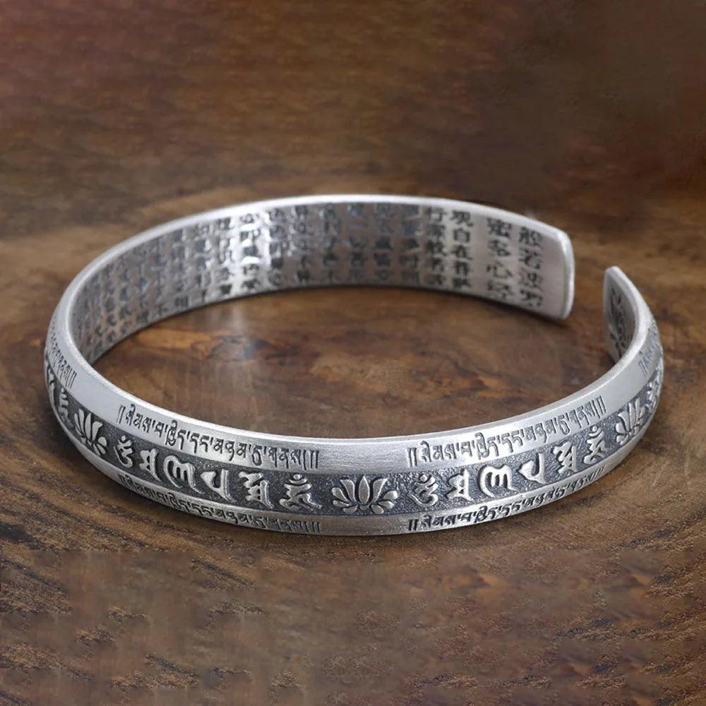 Real 999 Pure Silver Cuff Bangle Engraved Heart Sutra Six-character Mantra Retro Lovers Men's and Women's Bracelets Open Type - GQTORCH Jewelry