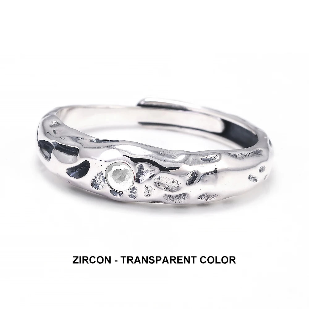Solid 925 Sterling Silver Zircon Birthstone Ring for Women Irregular Hammered Adjustable Simple Fashion Daily Jewelry Party Gift