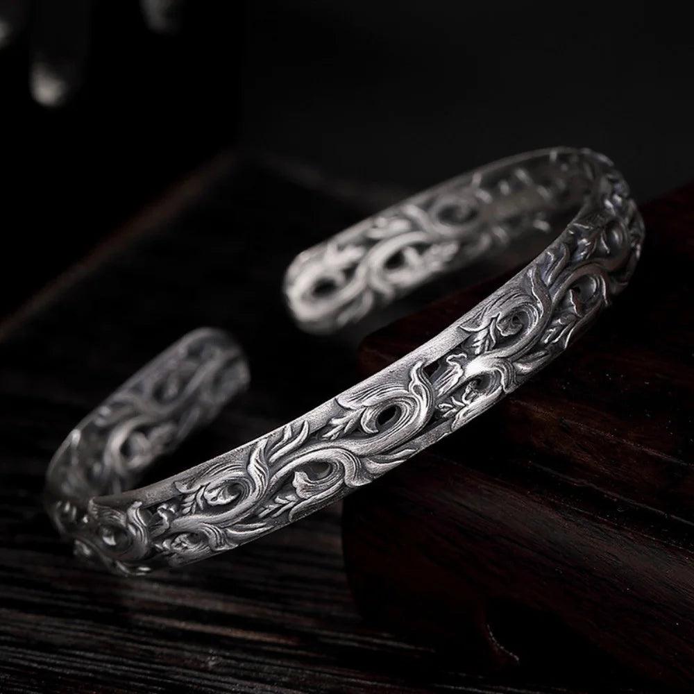 S925 Sterling Silver Bracelet for Women Retro Antique Vine Flower Pattern Engraved Ethnic Bangles for Women Thai Silver Jewelry - GQTORCH Jewelry