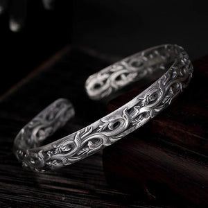 S925 Sterling Silver Bracelet for Women Retro Antique Vine Flower Pattern Engraved Ethnic Bangles for Women Thai Silver Jewelry - GQTORCH Jewelry