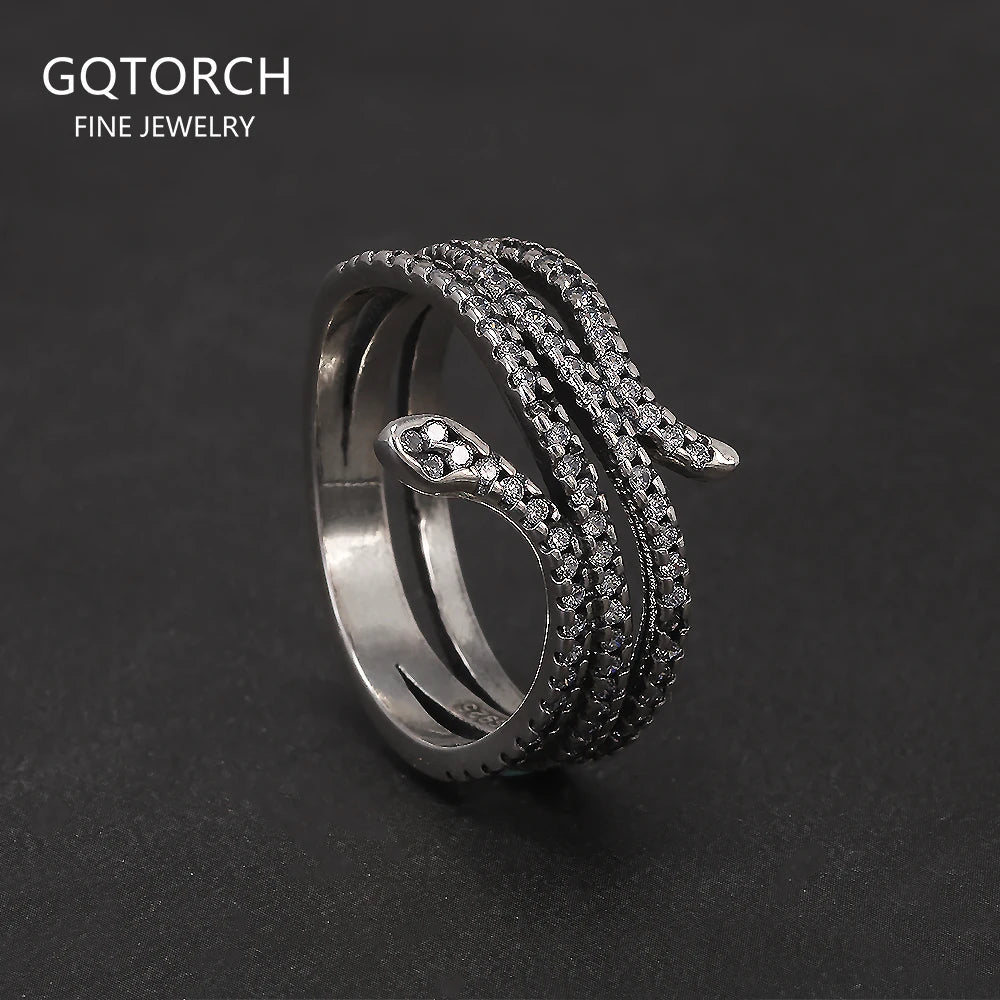 100% 925 Sterling Silver Retro Snake Ring for Women Micro Inlaid Zircon Fashion Animal Rings Punk Party Jewelry Accessories