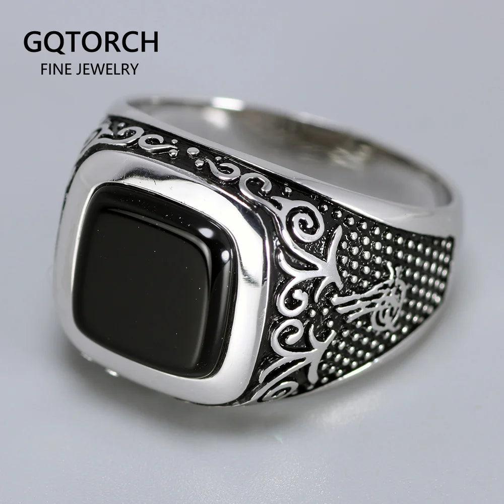 Vintage Punk Silver 925 Jewelry Square Black Stone Rings For Men Engraved Retro Flowers Turkish Signet Man Rings - GQTORCH Jewelry