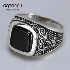 Vintage Punk Silver 925 Jewelry Square Black Stone Rings For Men Engraved Retro Flowers Turkish Signet Man Rings - GQTORCH Jewelry