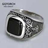 Vintage Punk Silver 925 Jewelry Square Black Stone Rings For Men Engraved Retro Flowers Turkish Signet Man Rings - GQTORCH Jewelry