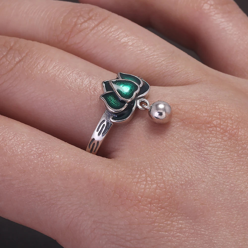 925 Sterling Silver Green Lotus Ring Earrings with Dangle Bead Enameled Women's Vintage Fashion Elegant Jewelry Set