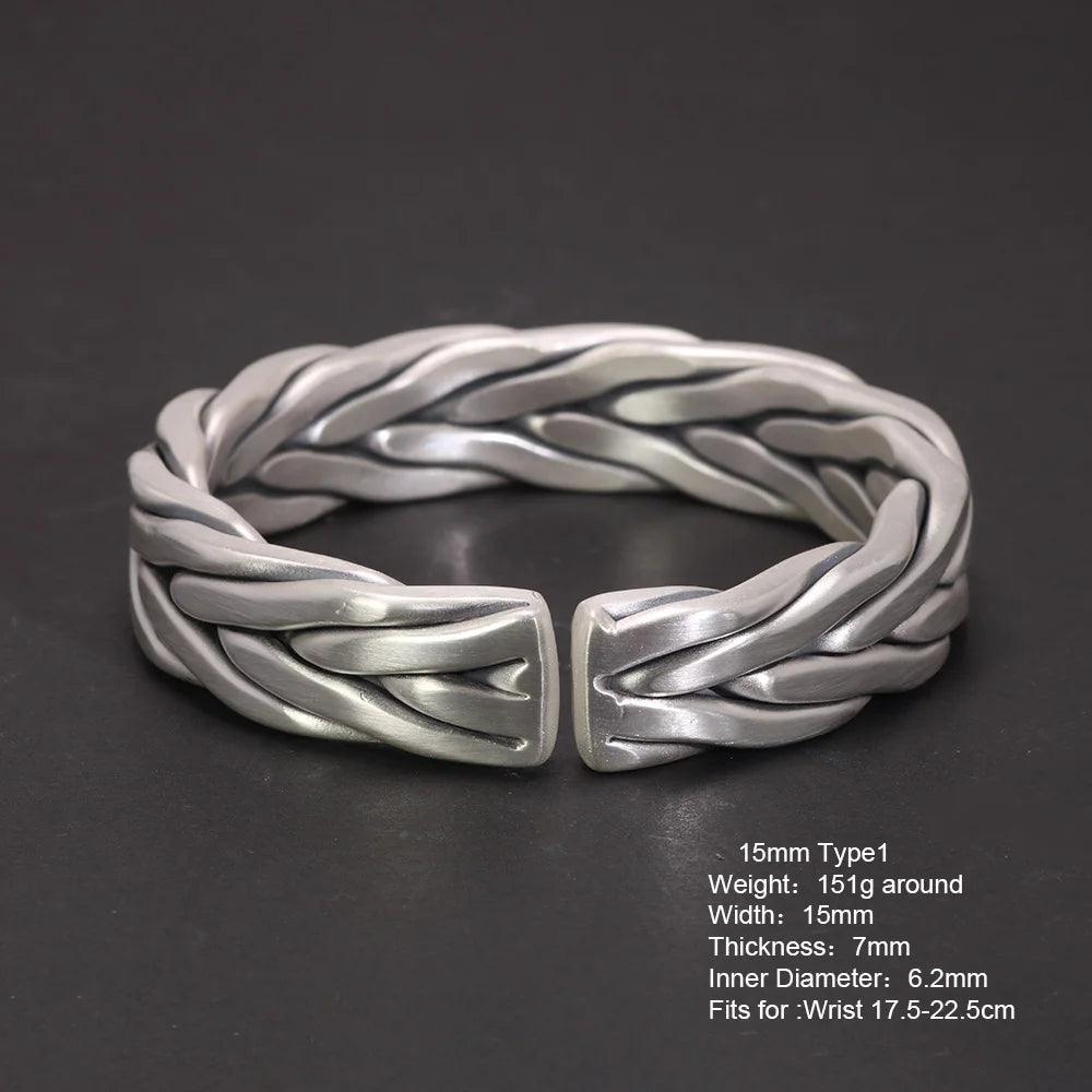 Heavy 999 Sterling Silver Braided Bracelet For Men Retro Solid Thick Handmade Viking Jewelry Opening Adjustable - GQTORCH Jewelry