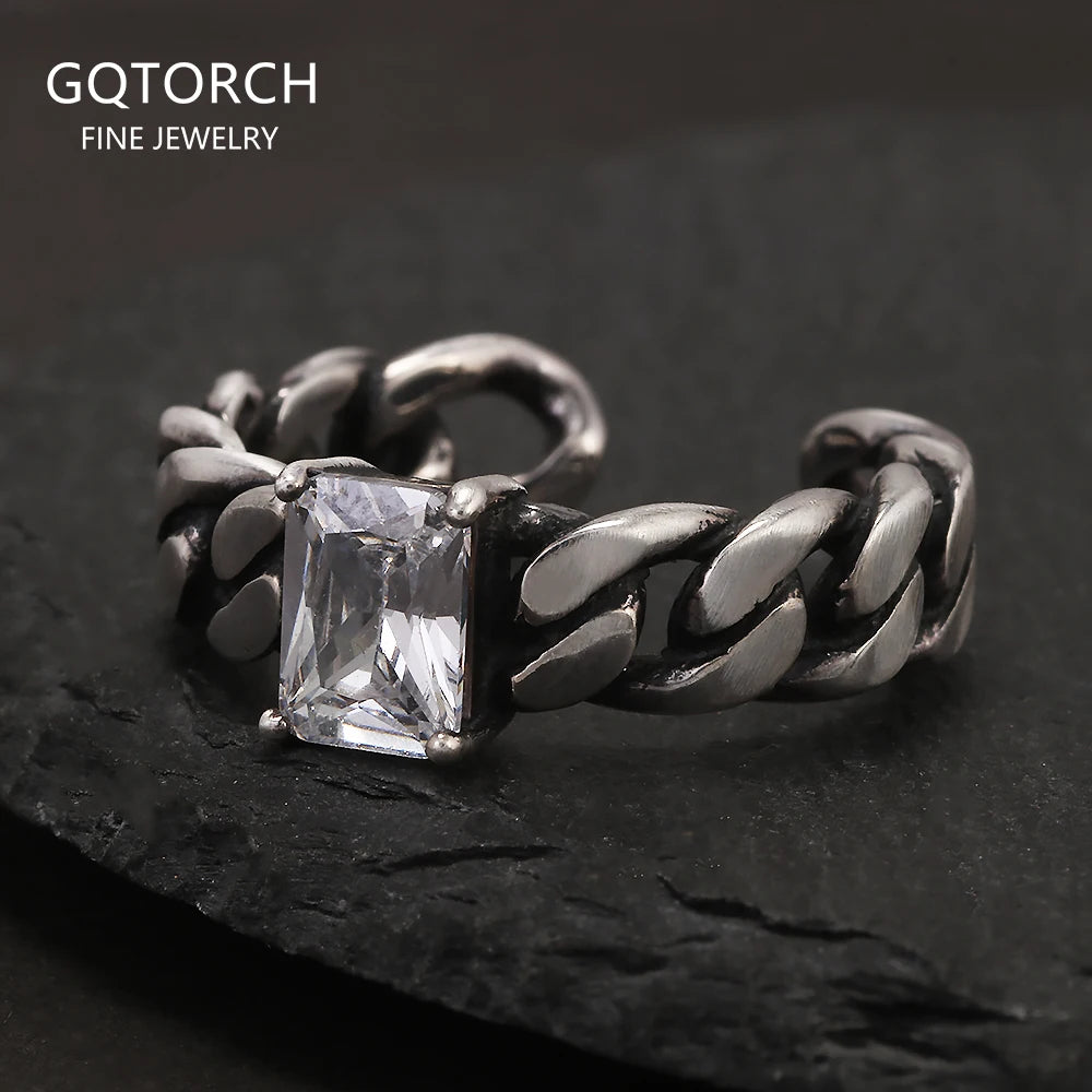 925 Sterling Silver Twisted Braided Ring with White Zircon Shining Square Shaped Thai Silver Color Retro Vintage Fashion Jewelry