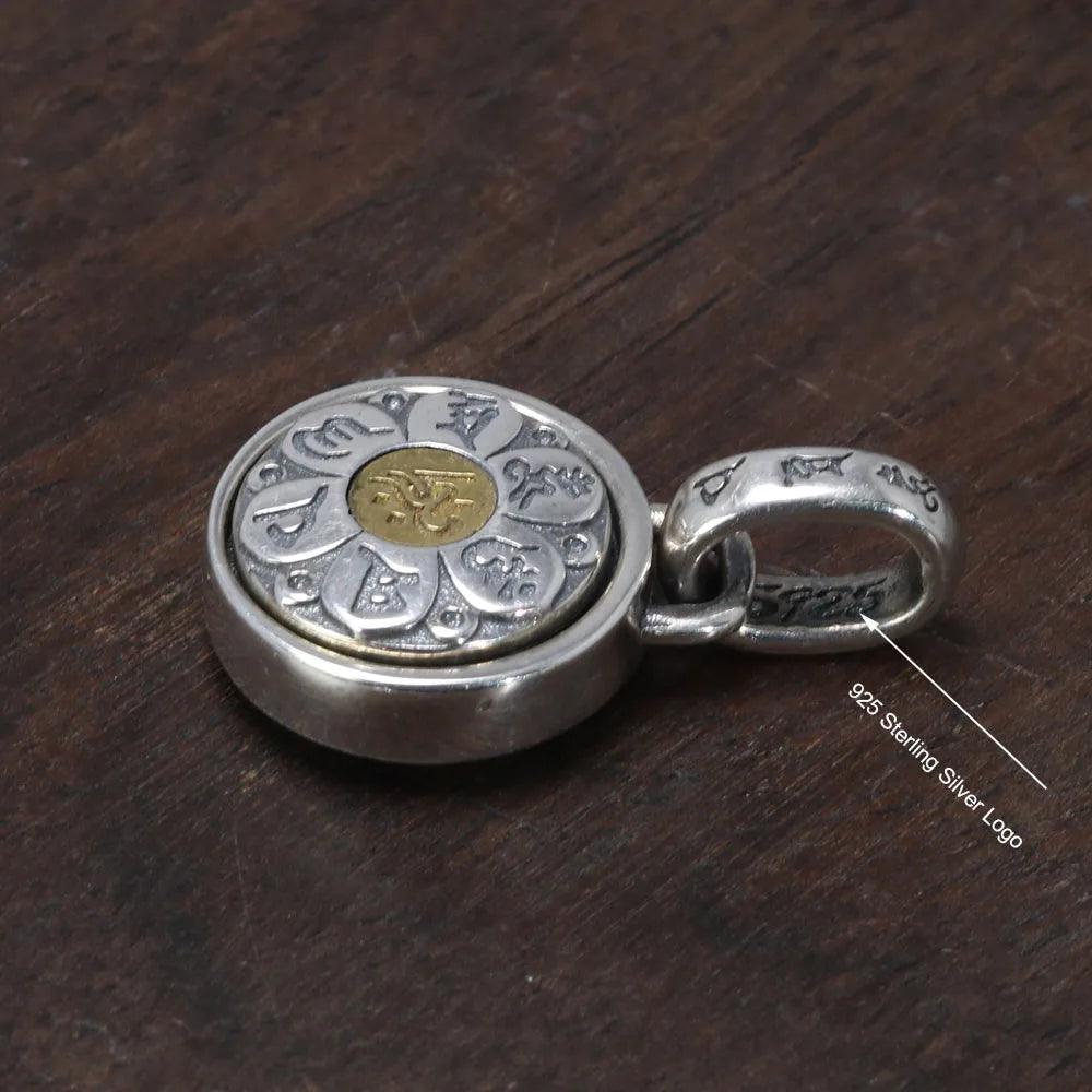 Real 925 Sterling Silver Six True Words Mantra Pendant Necklace Om Mani Padme Hum Rotatable Lucky Retro Religious Jewelry - GQTORCH Jewelry