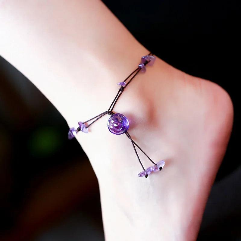 Handmade Braided Anklets for Women Jewelry Natural Amethyst Jade Rose Quartz Stone Beads Chain Flower Engraved Fine Jewelry - GQTORCH Jewelry