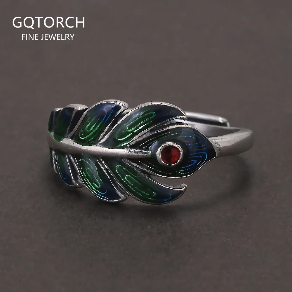 925 Sterling Silver Peacock Feather Ring Earrings for Women Green Color Enameling Vintage Fashion Jewelry Set