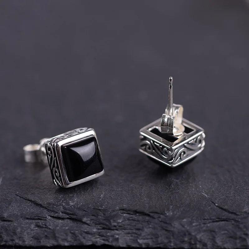 S925 Sterling Silver Vintage Craft Black Agatestud Earrings Women Simple Square Zircon Earrings Thai Silver Jewelry - GQTORCH Jewelry