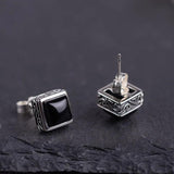 S925 Sterling Silver Vintage Craft Black Agatestud Earrings Women Simple Square Zircon Earrings Thai Silver Jewelry - GQTORCH Jewelry