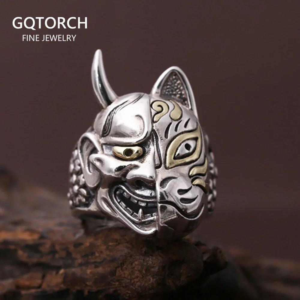 Real Solid 925 Sterling Silver Hannya Mask Ring for Men Retro Vintage Cool Big Mens Biker Ring Buddhism Jewelry - GQTORCH Jewelry