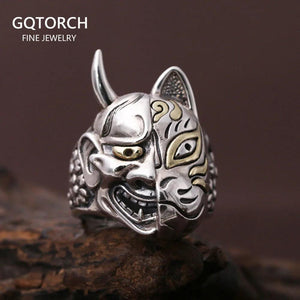 Real Solid 925 Sterling Silver Hannya Mask Ring for Men Retro Vintage Cool Big Mens Biker Ring Buddhism Jewelry - GQTORCH Jewelry