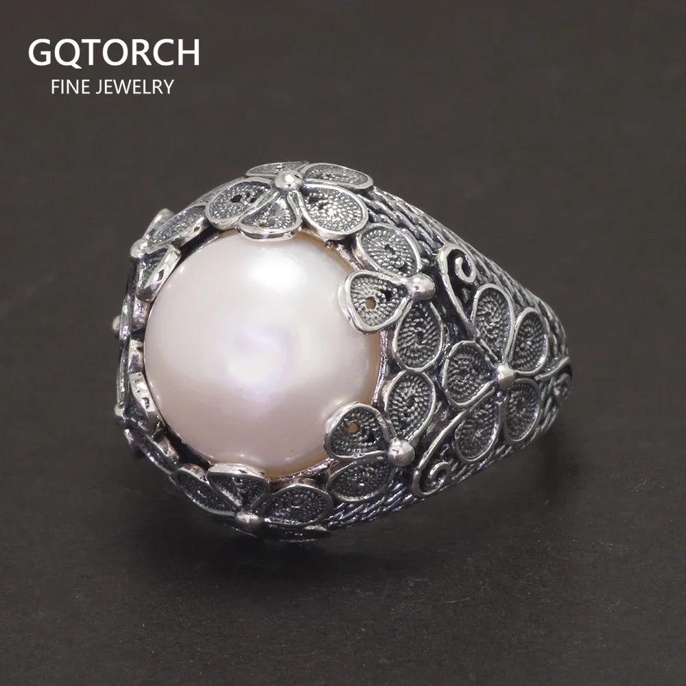 Real 925 Sterling Silver Baroque Pearl Ring Earrings Pendant Flower Branch Round Natural Freshwater Vintage Palace Jewelry - GQTORCH Jewelry