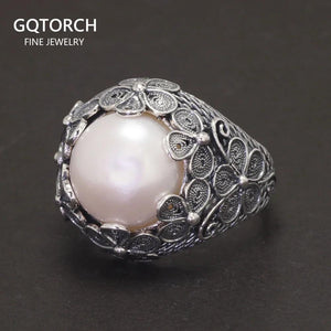 Real 925 Sterling Silver Baroque Pearl Ring Earrings Pendant Flower Branch Round Natural Freshwater Vintage Palace Jewelry - GQTORCH Jewelry