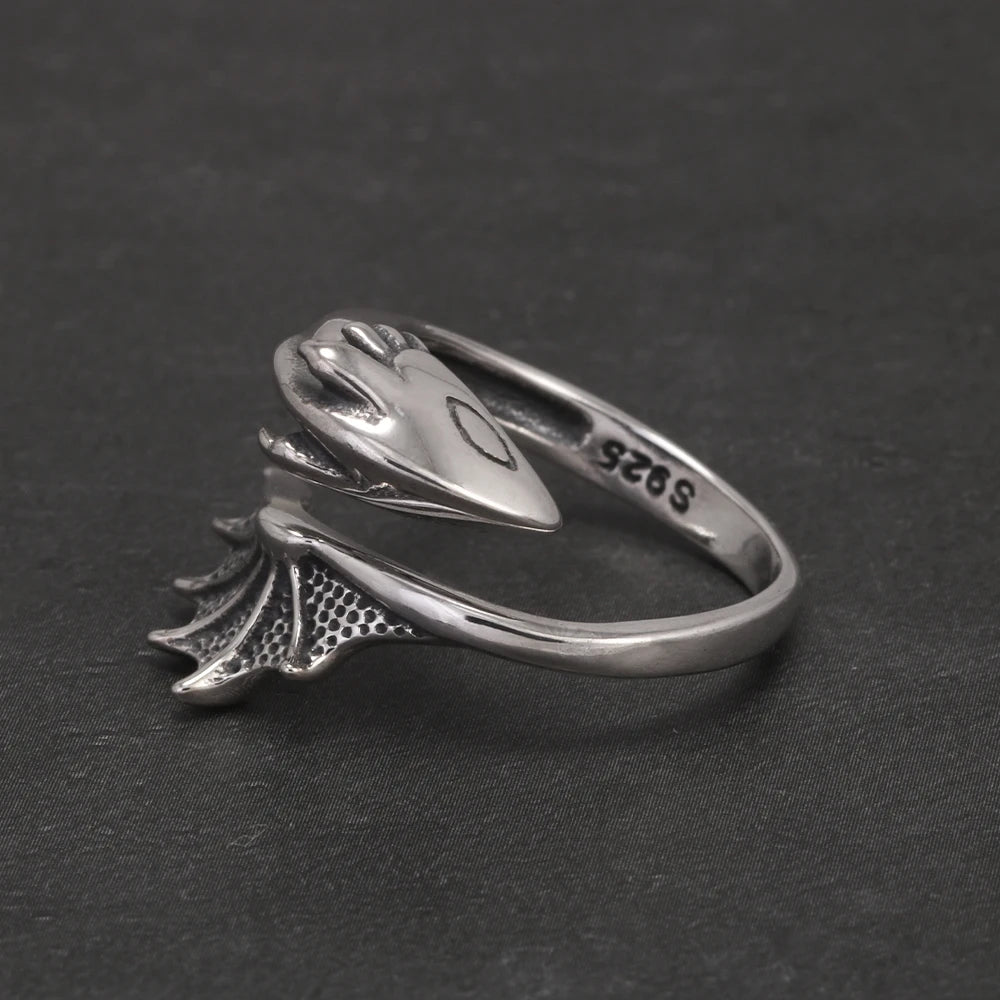 S925 Silver Gothic Pterodactyl Wing Open Ring for Women Men Dragon Punk Retro Rings Adjustable Trendy Jewelry Party  Accessories