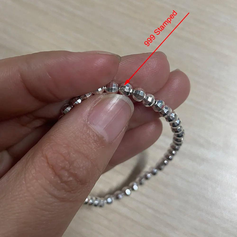 Real Pure 999 Sterling Silver Elastic String Faceted Beads Bracelet For Ladies Kids Minimalism Jewelry - GQTORCH Jewelry