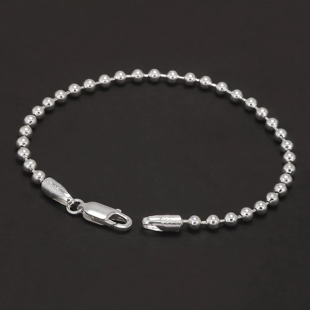 Real 925 Sterling Silver Handmade 3mm Bead Ball Strand Chain Bracelet Unisex Simple Classic Fashion Charm Hand Jewelry