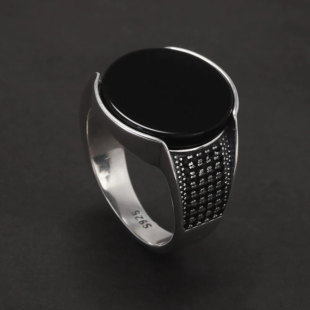 925 Sterling Silver Round Black Onyx Stone Signet Ring for Men Classic Turkish Rings Retro Fashion Punk Wedding Party Jewelry