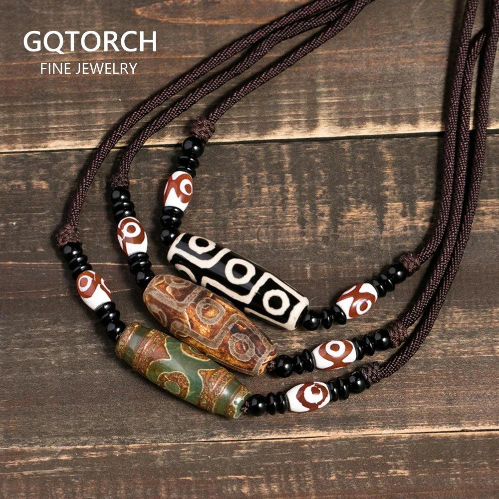 Natural Tibetan Onyx 3 Eyes Dzi Pendant Necklace Adjustable Rope Chain Choker Necklace For Women And Men Buddhism Jewelry - GQTORCH Jewelry