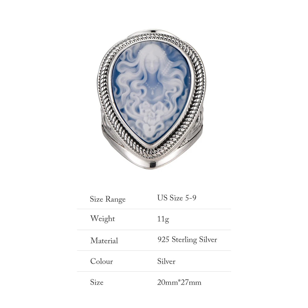 Genuine 925 Sterling Silver Blue Agate Medusa Cameo Ring for Women White Shell Statement Ring Vintage Fashion Party Jewelry