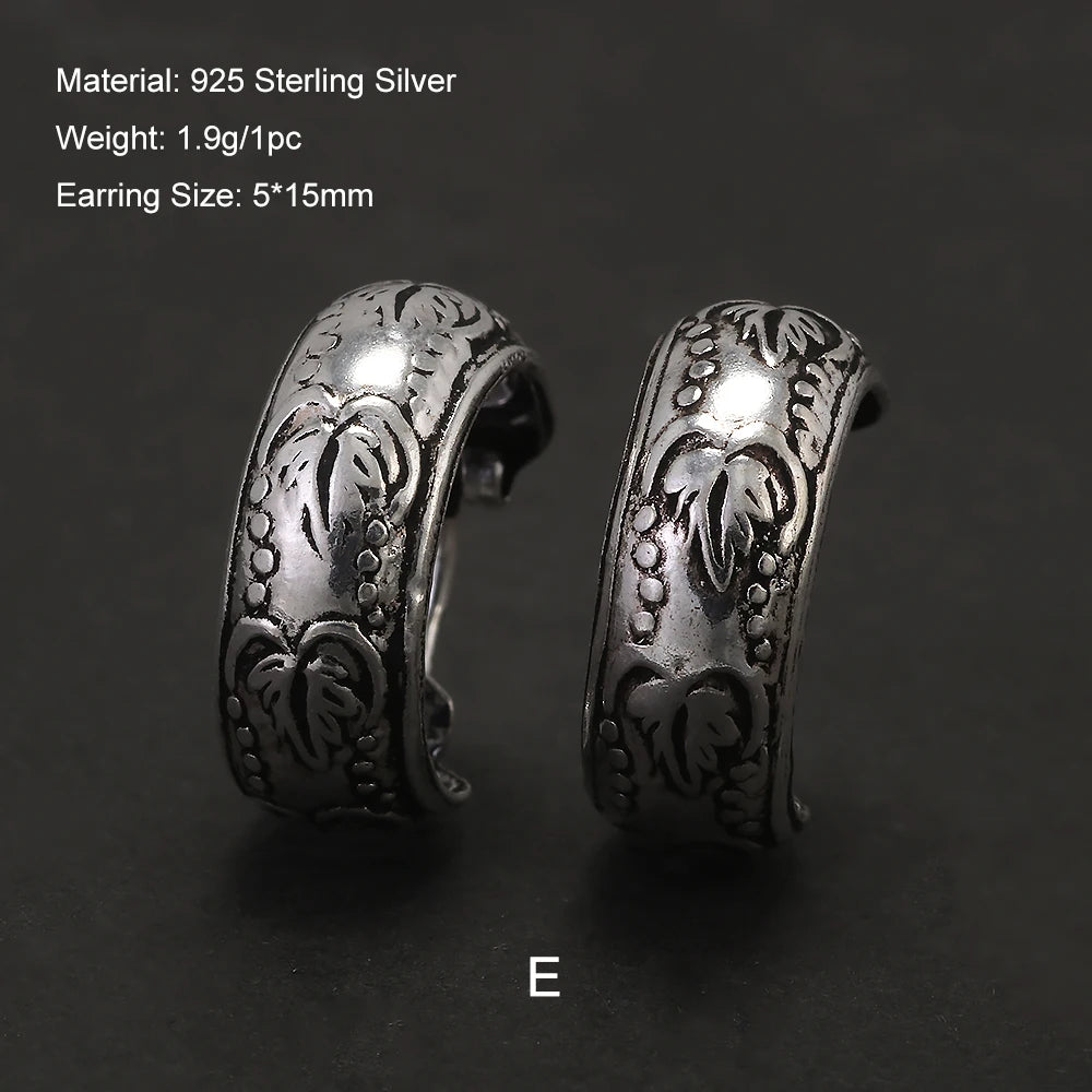 Real 925 Sterling Silver Retro Hoop Earrings for Women Men Geometric Heart Wheat Leaf Whale Vintage Punk Rock Ear Jewelry Gift