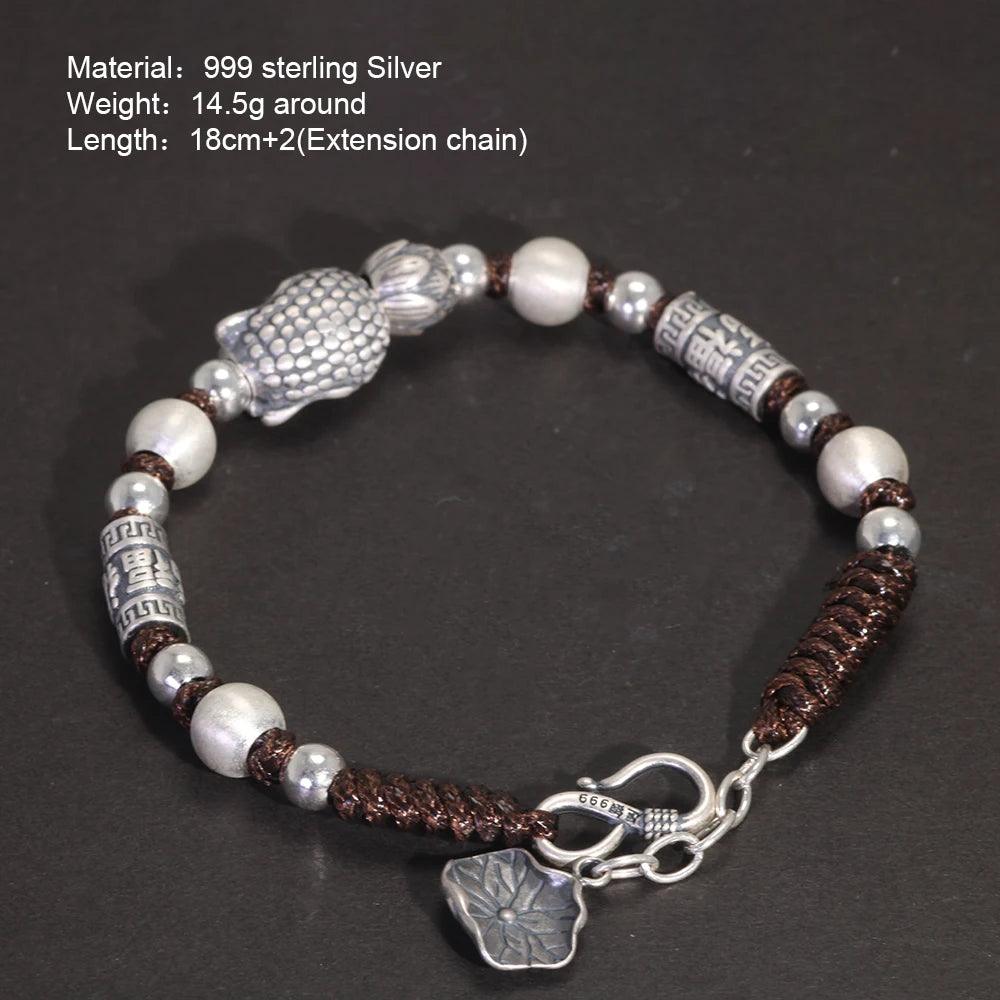 Real 999 Pure Silver Lucky Buddha Handwoven Bracelet for Men and Women Adjustable Lotus Beads Religious Jewelry - GQTORCH Jewelry