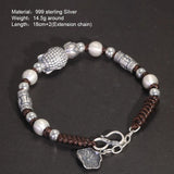 Real 999 Pure Silver Lucky Buddha Handwoven Bracelet for Men and Women Adjustable Lotus Beads Religious Jewelry - GQTORCH Jewelry